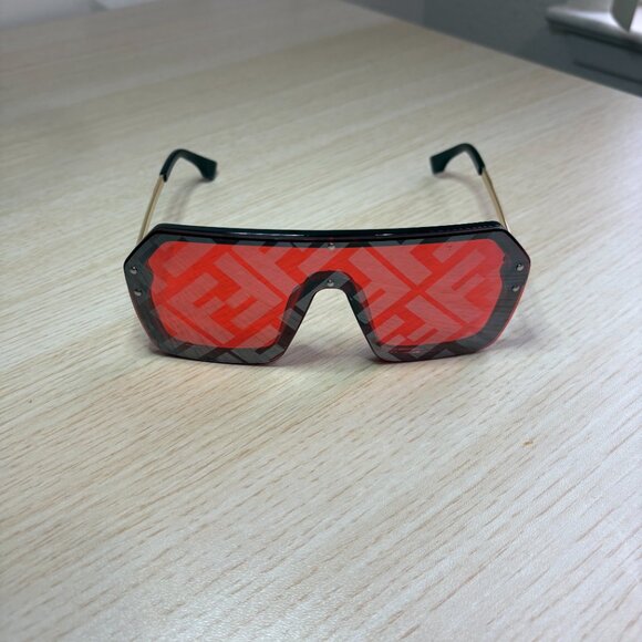 Sporty Red Monolens Sunglasses - Industrial Black and Gold Design - Picture 5 of 6